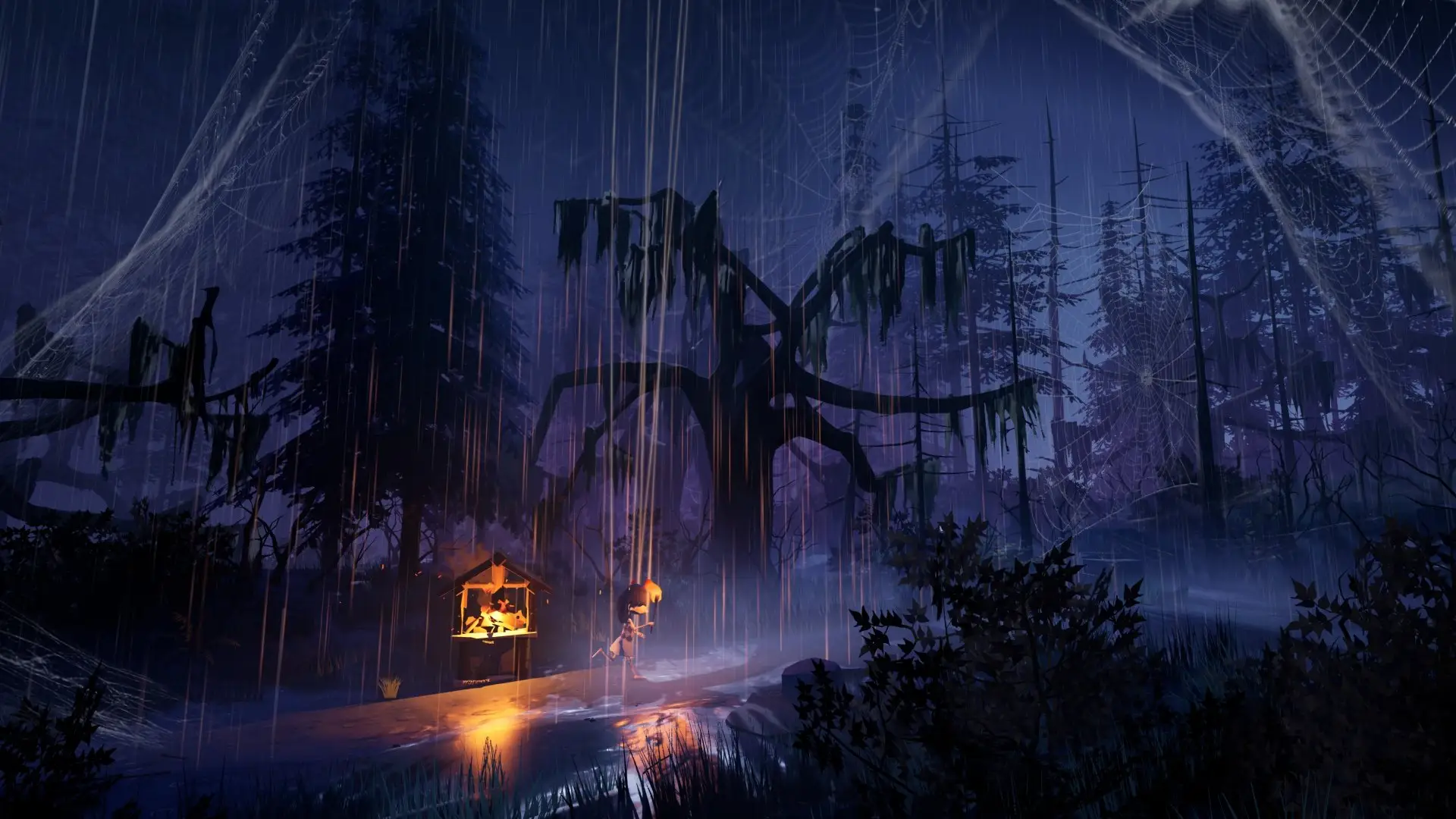 A lantern burning in a rain-soaked night forest, strings strung between the trees