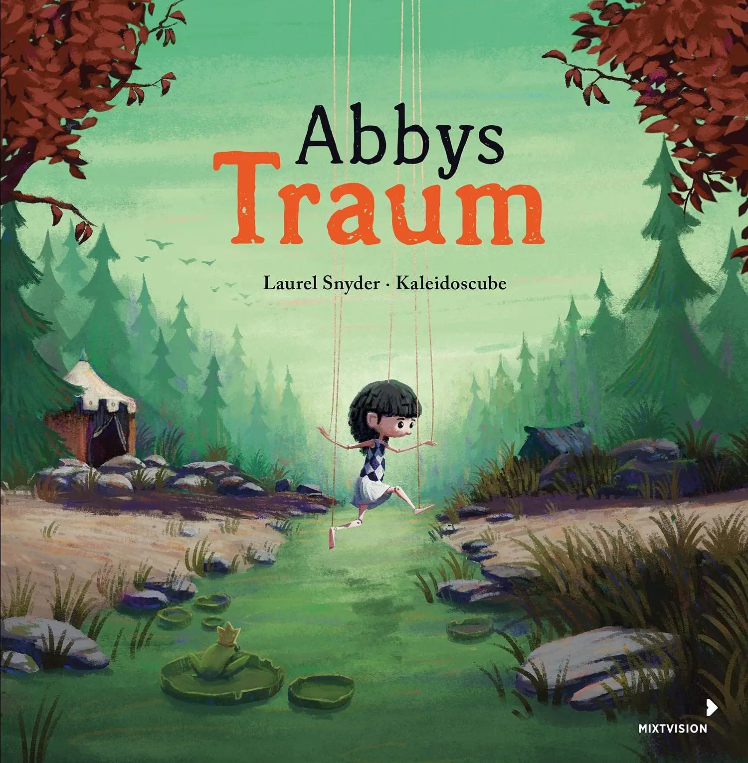 The cover artwork: Abby running through a green forest, her strings trailing