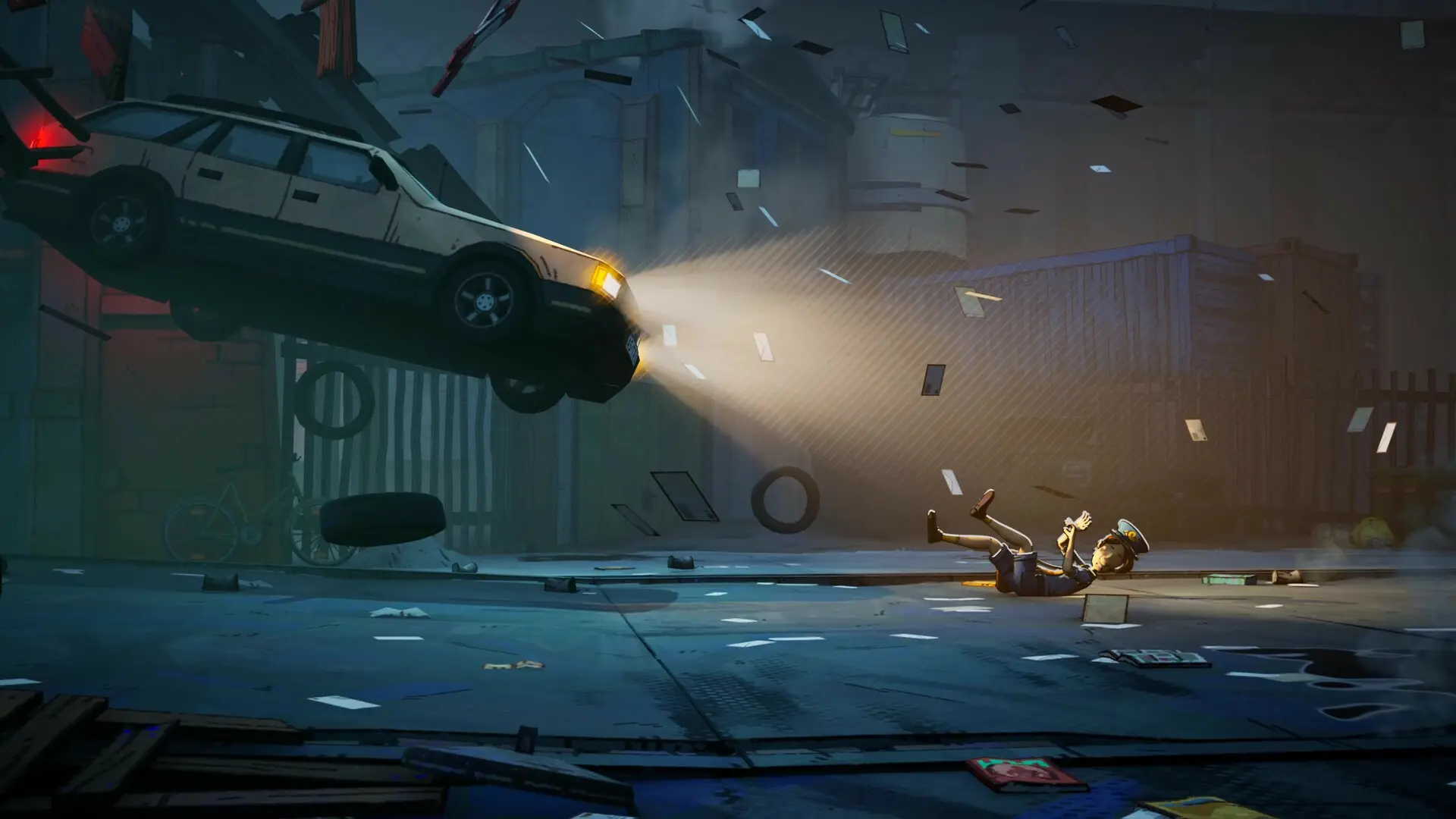 A car flies through a dark street lit by its headlight while the postman falls backwards among scattered letters